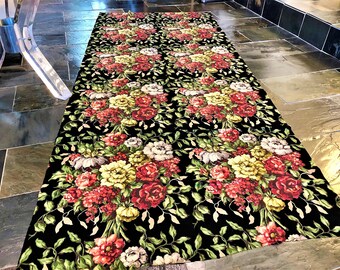 Red Roses on Vintage Black Decorator Fabric Yardage Remnant with Victorian Allure
