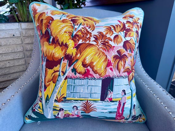 Symbolism Women of TAHITI Paul Gauguin Polynesian Mid Century Barkcloth Fabric PILLOW