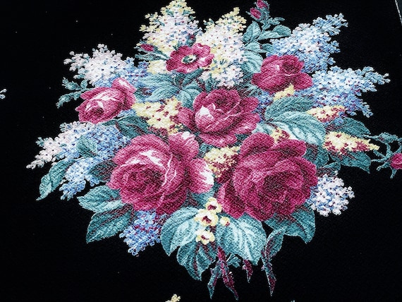 Rarest SWANK 30's Black Cottage Roses Barkcloth Vintage Fabric Unused Yardage 4YDS Avail.