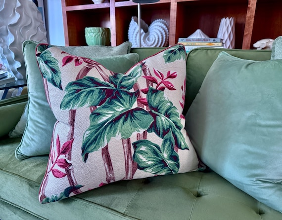 Bamboo & Elephant Ear Caladium Hollywood Regency Barkcloth Vintage Fabric Mid Century PILLOW