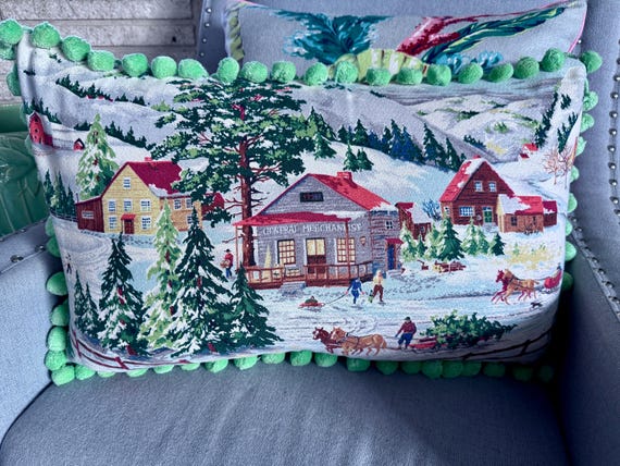50's Grandma's House We GO! Ball Fringe Christmas Mid Century Barkcloth Fabric PILLOW