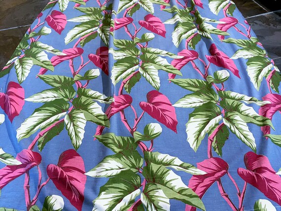 30’s Hollywood Regency Tropical Pink Begonias on Chambray Blue Barkcloth Era Vintage Fabric Drape Curtain 6 Avail.