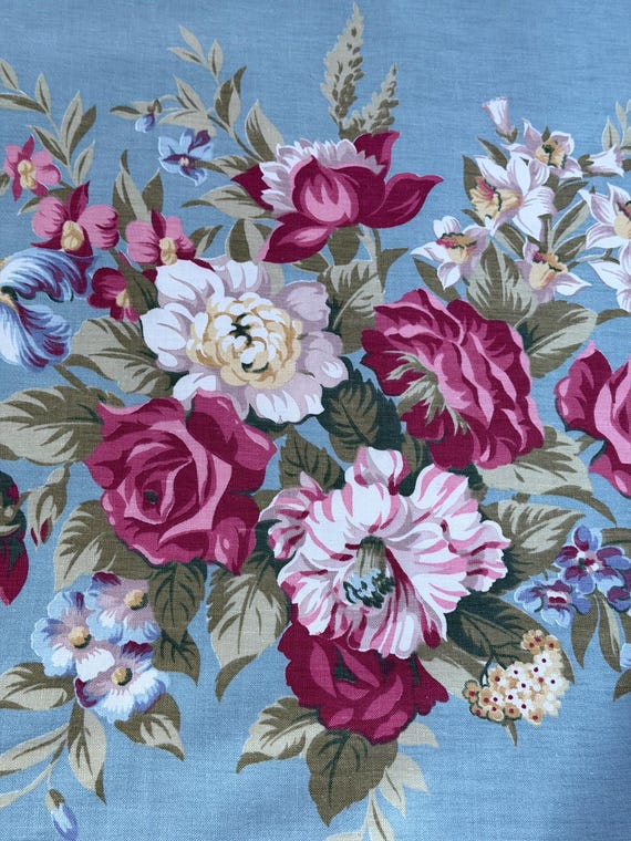 Striped Petunia & Pink Roses on Blue Hollywood Glam Vintage Barkcloth Era Fabric 9YDS Avail.
