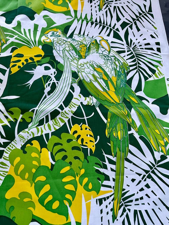 Parrots Custom Handprint Eaglesham 1960's Vintage Upholstery Fabric