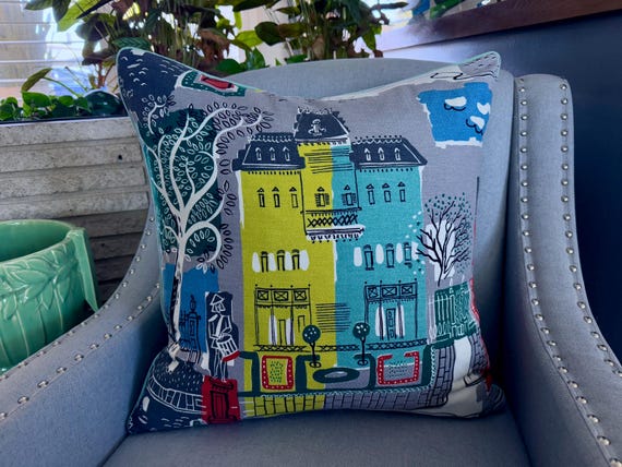 Matisse Inspired New Orleans Key West Cityscape Mid Century Barkcloth Fabric PILLOW