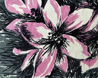 Tessuto vintage con ORCHIDEE MOD hawaiane anni '50 su corteccia di legno astratta, metraggio 8 YDS disponibile.