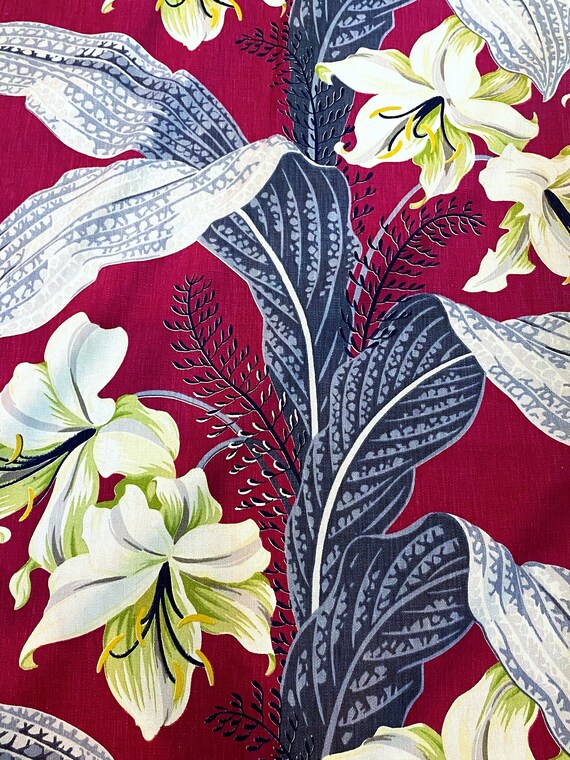 Citron Lilies on Garnet Barkcloth Era Vintage Fabric Drapes Curtains Art Deco Miami Beach Style 4 Avail.