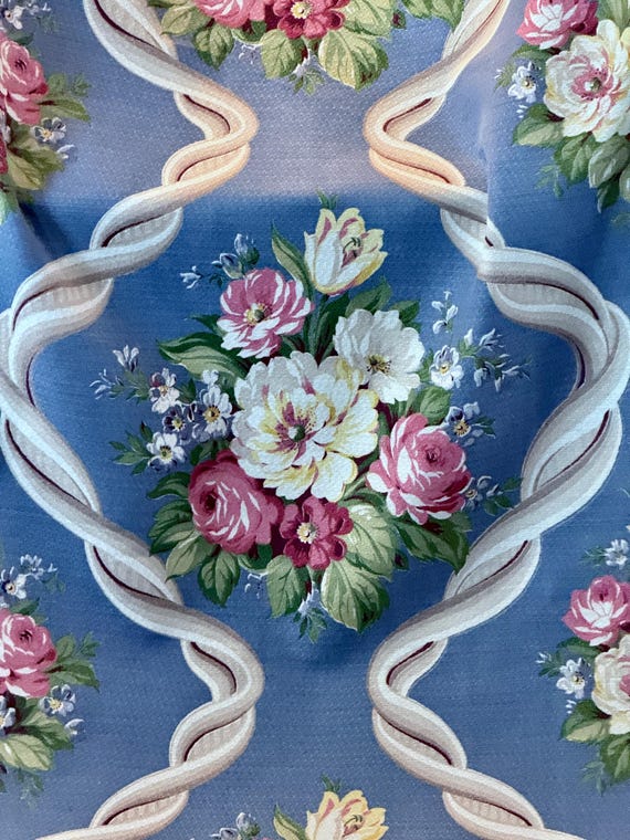 1930’s Neoclassical Rococo Shabby Chic Blue Floral Barkcloth Fabric 4YDS Avail.