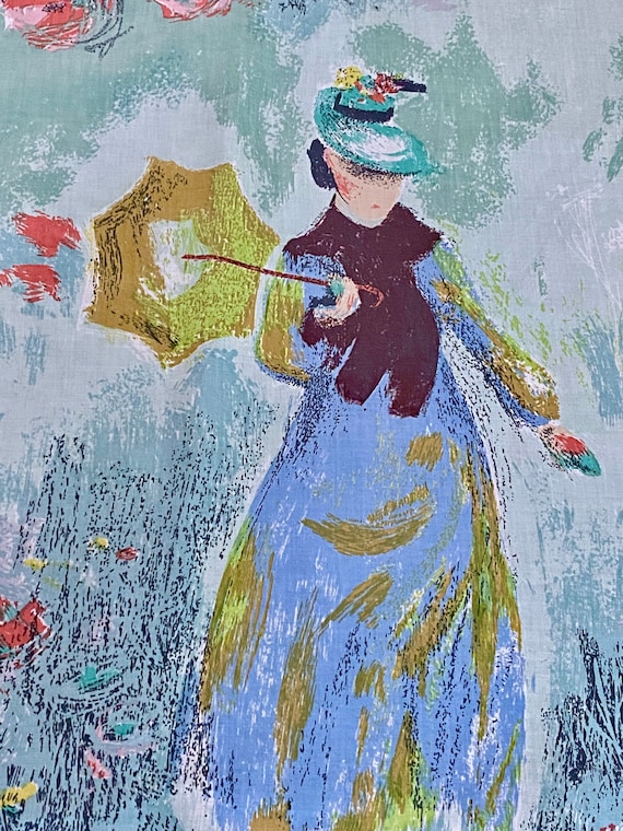 Impressionism 50's Signed Monet "Poppies" Original Salesman Sample Vintage Fabric for Home Decor Art Framing Pillows
