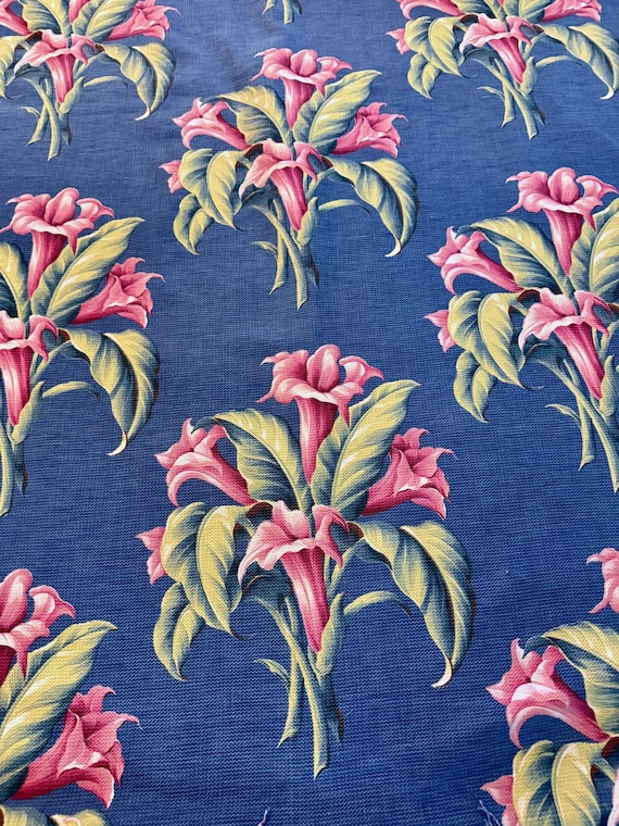 Cerulean Blue Deco Angel Trumpets Barkcloth Vintage Fabric Hollywood Regency mts Miami Beach 6YDS Available.