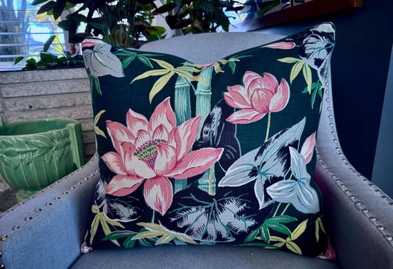 Pink Lotus & Bamboo Art Deco Miami Beach Mid Century Barkcloth Vintage Fabric PILLOW