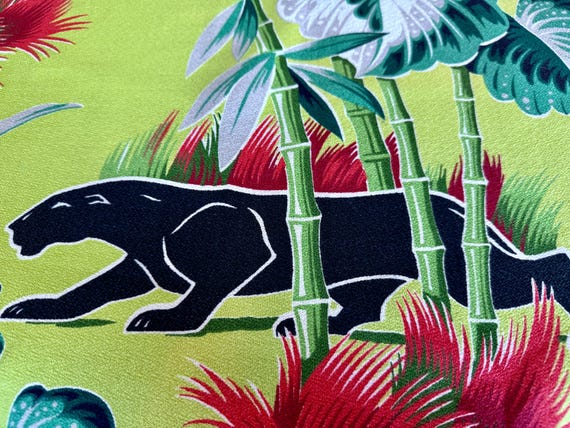 RAREST! 30’s Panthers & Palms Salesman Sample Chartreuse LIME Barkcloth Vintage Fabric