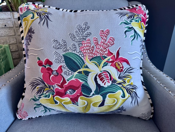 Under the Sea & PALMS 30's Art Deco Mid Century Barkcloth Vintage Fabric PILLOW