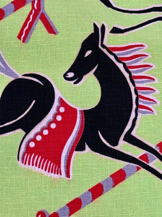 Rodeo Swizzle Stick Barbed Wires on Chartreuse Barkcloth Vintage Fabric 20YDS Avail.