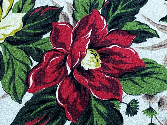 40's Life Size Dreamy Magnolias Deco Style Barkcloth Vintage Fabric Drape Curtain Deconstructed