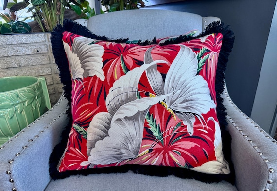 Butterflies in Flight on RED Art Deco Miami Beach Mid Century Barkcloth Vintage PILLOW