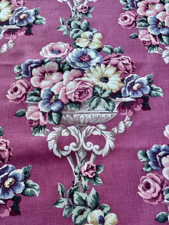 Magenta Purple Neoclassical Urns Spilling Roses 1930’s Barkcloth Vintage Fabric3YDS Avail.