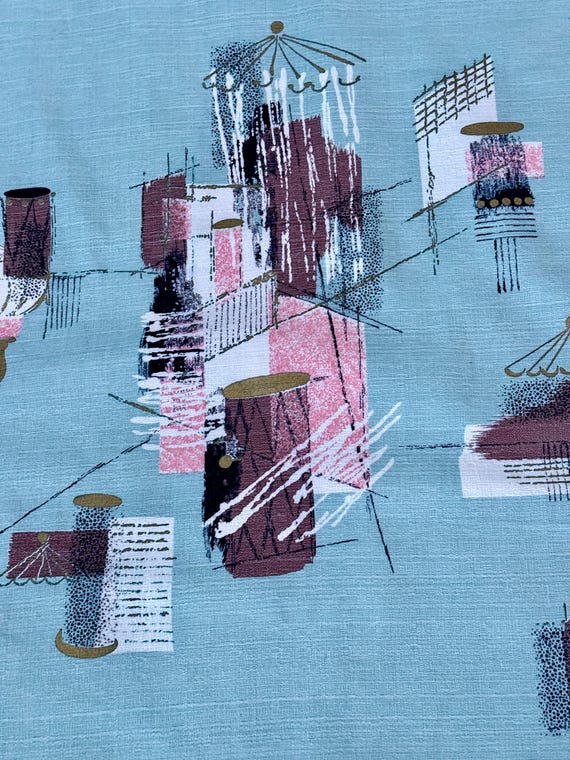 1950’s Minty Pastel & Flamingo PINK Atomic Mid Century Barkcloth Vintage Fabric 6YDS Avail.
