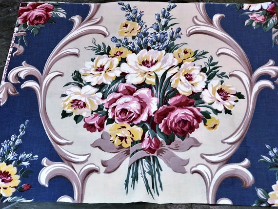 Hand Tied Roses Barkcloth Era Vintage Fabric Remnant 1930's Cottage Design for DIY Pillows Upholstery Bags Home Decor