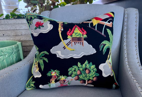 HULA HULA Hawaiiana Land 1940's Mid Century Barkcloth Vintage Fabric PILLOW Cover