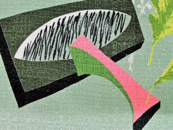 2YDS MOD 50’s Atomic Miami Beach Barkcloth Vintage Fabric Flamingo Pink on Celadon for Upholstery Home Decor Pillows