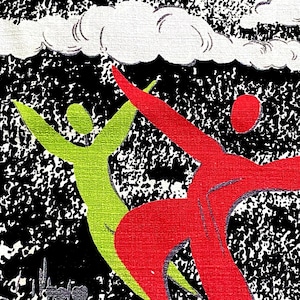May include: Abstract art print featuring two figures, one red and one green, against a black and white speckled background. The figures are stylized and appear to be dancing or reaching upwards. There are white clouds in the upper portion of the image.