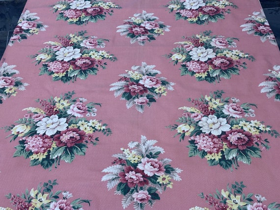 1930's Cottage PINK ROSES Genuine Barkcloth Vintage Fabric for Upholstery Home Decor Pillows 8YDS Avail.