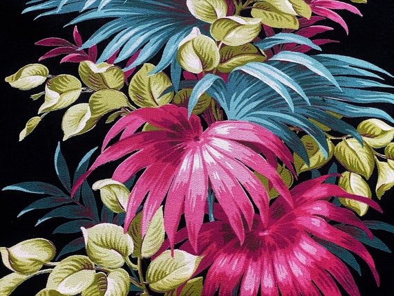 2YDS BLACK 30's Hawaiian Palms Tropics Barkcloth Vintage Fabric Unused Yardage Art Deco THE BEST!