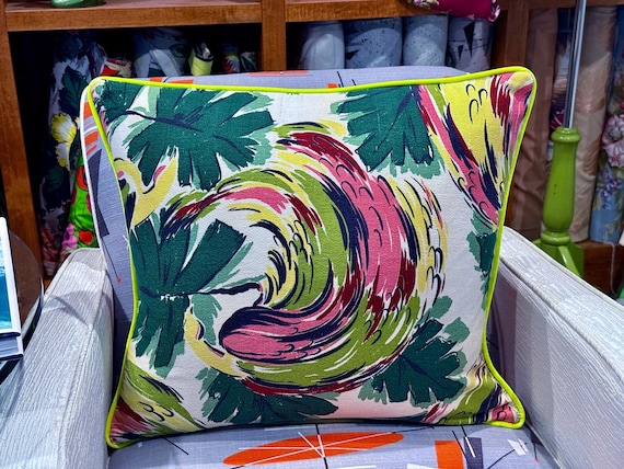 SWIRL Design Parakeets 1950's Art Deco MIAMI Mid Century Barkcloth Fabric PILLOW