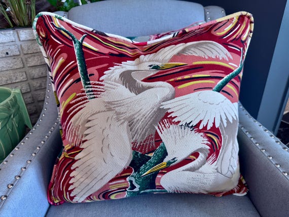 Egret meets Fifties Atomic Miami Beach Art Deco Mid Century Barkcloth Fabric PILLOW
