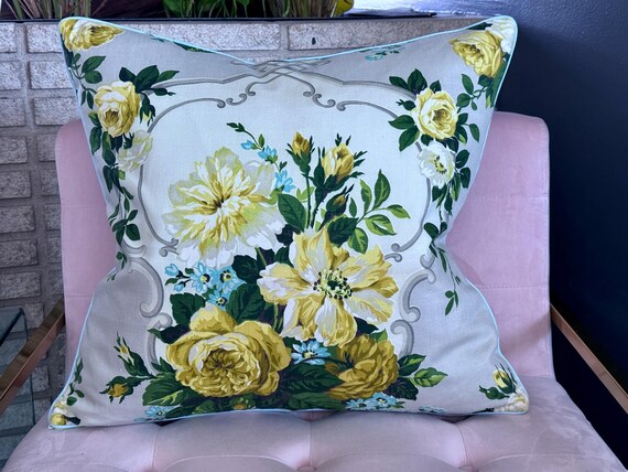 FRESH Yellow Roses GLAM Neoclassical Hollywood Regency Barkcloth Vintage Fabric Mid Century PILLOW
