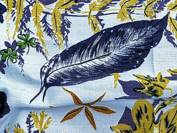 Dali Inspired Atomic Biomorphic Fossilized Ferns & Clover Barkcloth Vintage Fabric Yardage 1940's