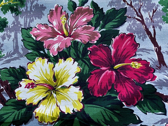 Key West Island HIBISCUS Barkcloth Vintage Fabric on Bolt 30's 40's Pillows Upholstery 13YDS Avail.