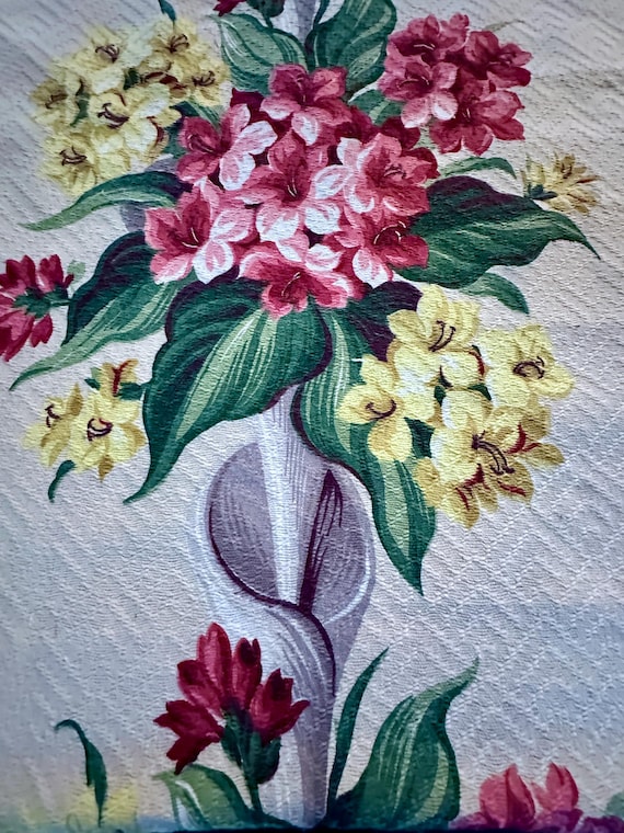Glorious Cala Lily & Hydrangeas on French Vanilla NUBBY Barkcloth Vintage Fabric