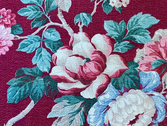 Hollywood Regency 1940's Floral on Raspberry Barkcloth Vintage Fabric Yardage for Upholstery Drapery Pillows 3YDS Avail.