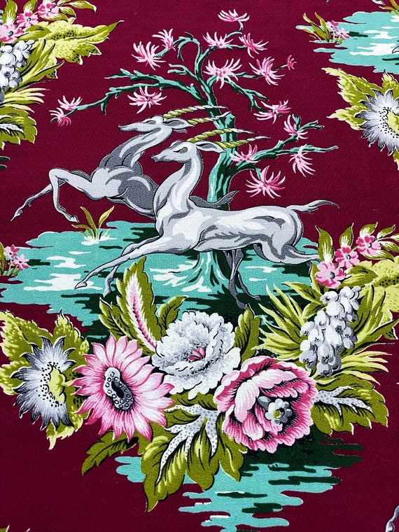 30's Art Deco MIAMI BEACH Leaping Gazelles Barkcloth Fabric Unused Yardage Rare on Bolt 5YDS Avail.
