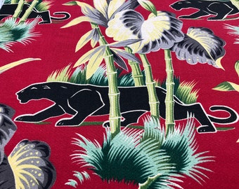 Panther & Palm Barkcloth Vintage Fabric Rarest Red in Tropical Miami Beach Style