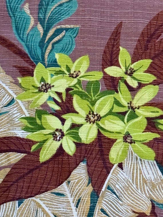 Explosive Earthy TIKI 40's Hawaiian Mocha Turquoise Leafy Chartreuse PLUMERIA Barkcloth Vintage Fabric 8YDS Avail.