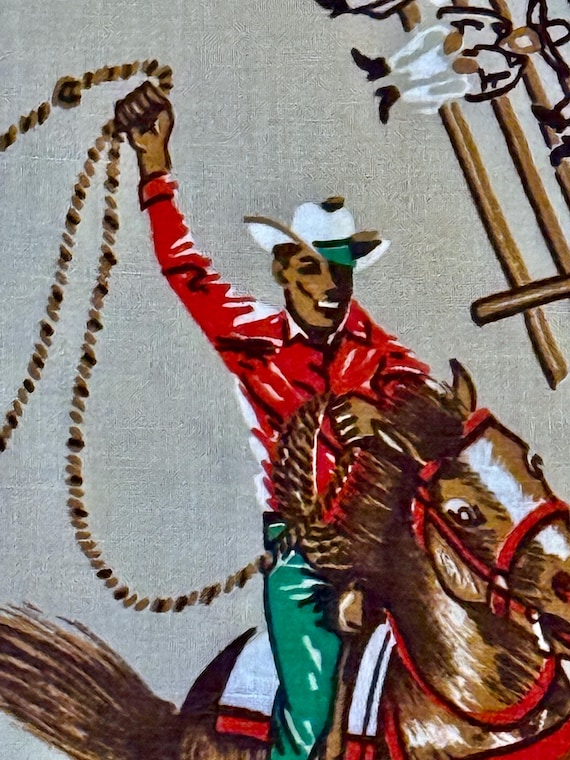 4+YDS Cowboys & Indians 50's Western Barkcloth Rodeo Vintage Fabric Yardage