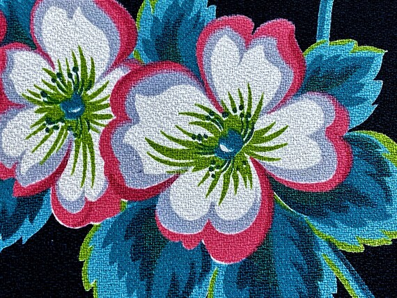 Miami Beach Art Deco EXPLOSION Tropical Blooms & Palms on Black Barkcloth Vintage Fabric
