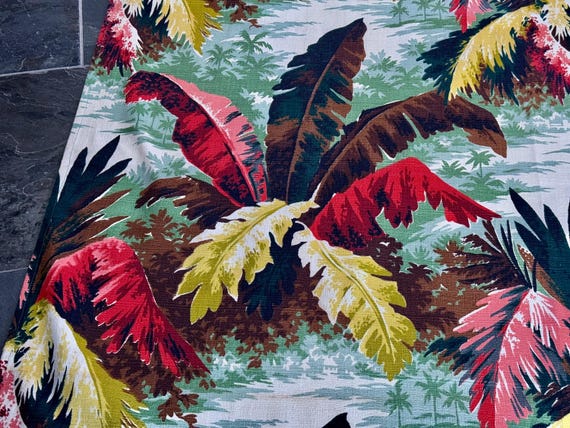 Mood-ified Swank Miami Beach LEAFY PALMS Barkcloth Vintage Fabric Drape Curtain 10 Avail.