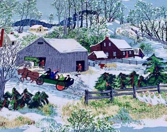 1950’s Grandma Moses Springtime on the Farm Barkcloth Vintage Fabric 7YDS Avail.