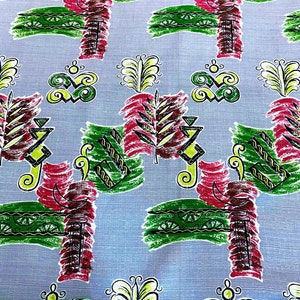 May include: A repeating pattern of stylized green, red, and yellow floral designs on a light blue background. The design is reminiscent of a vintage fabric print.