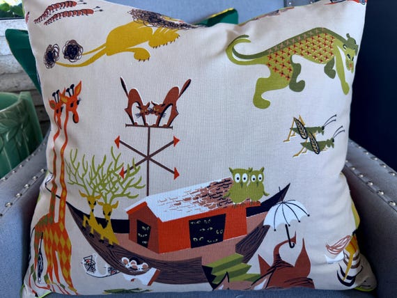 Noah's Ark 1940's Novelty Children's Mid Century Barkcloth Vintage Fabric PILLOW