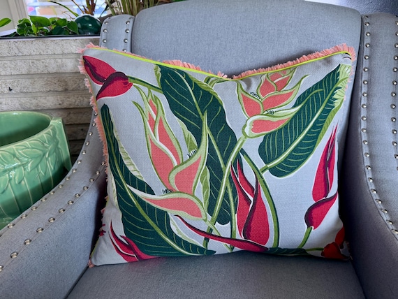 Succulent Coral Tangerines Heliconias! Miami Beach 1940's Art Deco Mid Century Barkcloth Fabric PILLOW