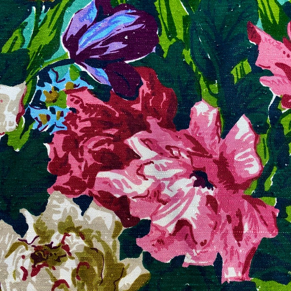 Muestra enorme de tela vintage con motivos florales y glamurosos de Hollywood de los años 40, stock original antiguo