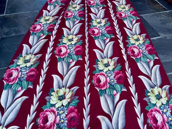 Obsessifed Storified Raspberry Merlot & Cream Glen Court Barkcloth Vintage Fabric Drape Curtain SIX Avail!