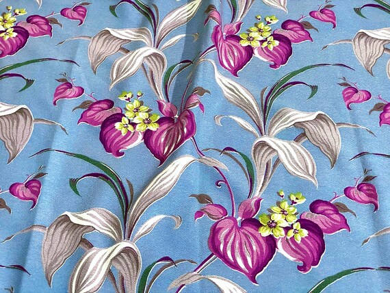 Tropical Shabby Chic Pale Blue Barkcloth Vintage Fabric Drape Curtain Baroque Miami Art Deco SIX Avail.