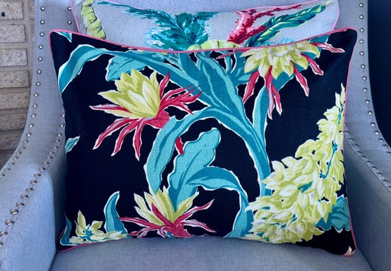 QUEEN Night Blooming Cereus on Black Art Deco Mid Century Barkcloth Fabric PILLOW