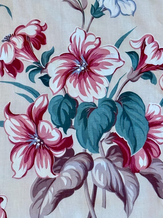 SALE! Hollywood Regency 1930’s Pink Floral Latte Cottage Barkcloth Era Vintage Fabric 10YDS Avail.